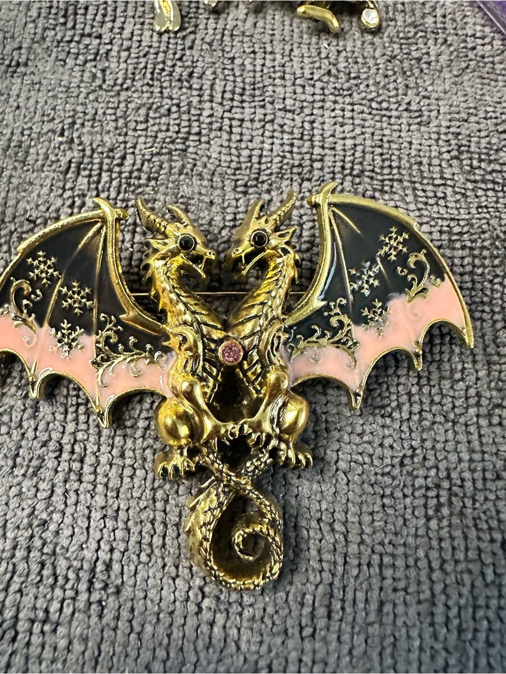 Gold Double Dragon Brooch with Pink and Black Enamel Wings